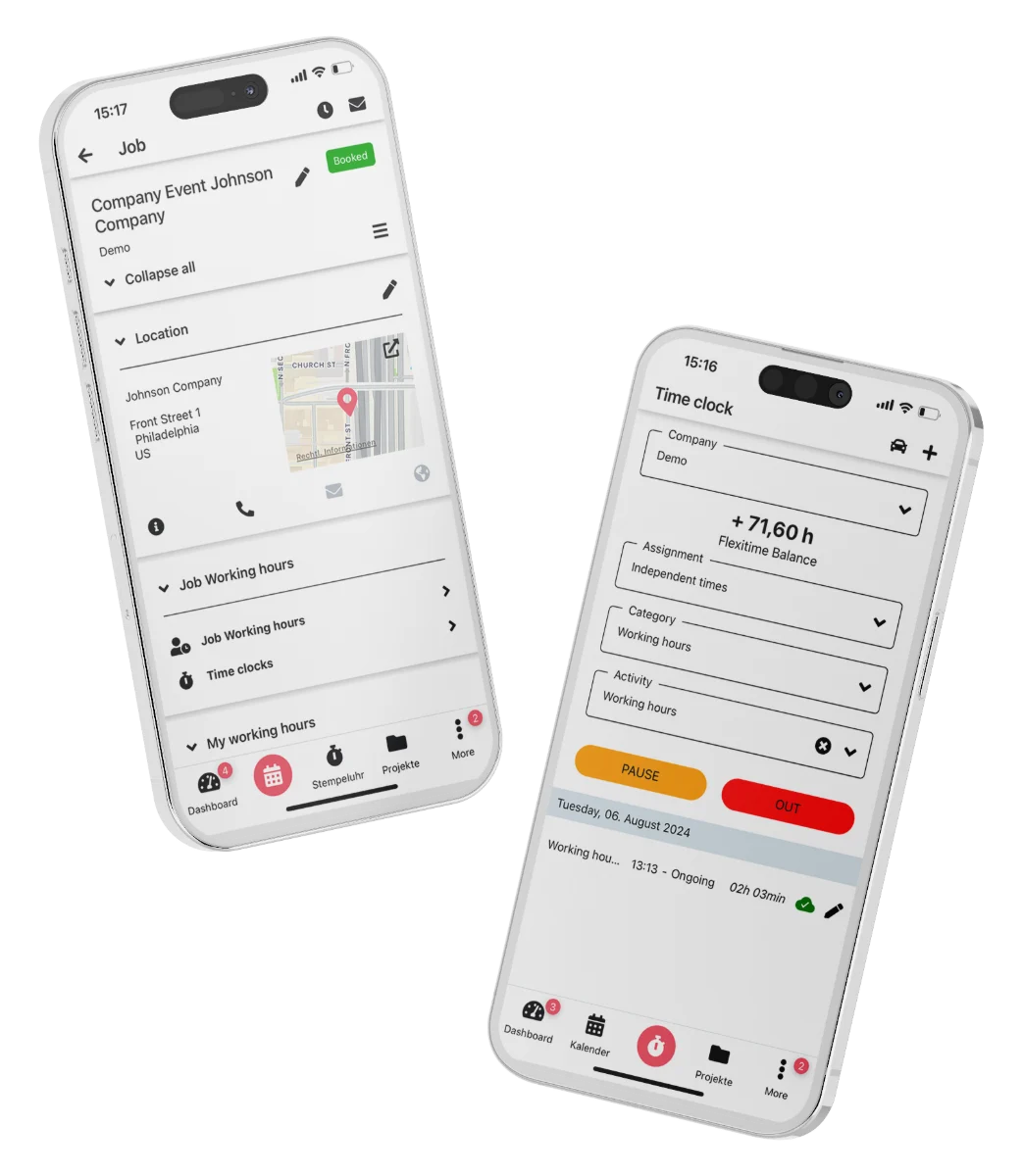 App CrewBrain com detalhes do trabalho e relógio de ponto