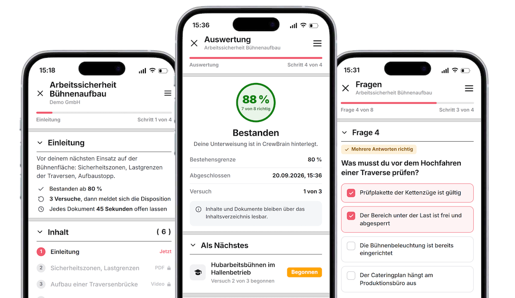Introduction, evaluation and knowledge check of a training course in the CrewBrain app