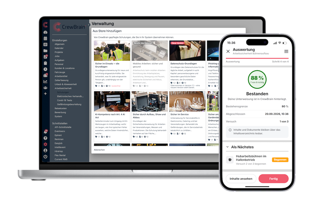 Training store in the CrewBrain administration and the evaluation of a training course in the CrewBrain app